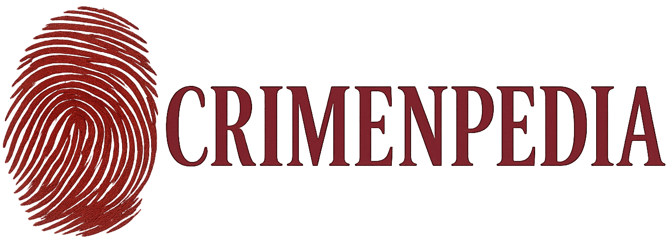 Logo de CRIMENPEDIA con huella dactilar en color vino