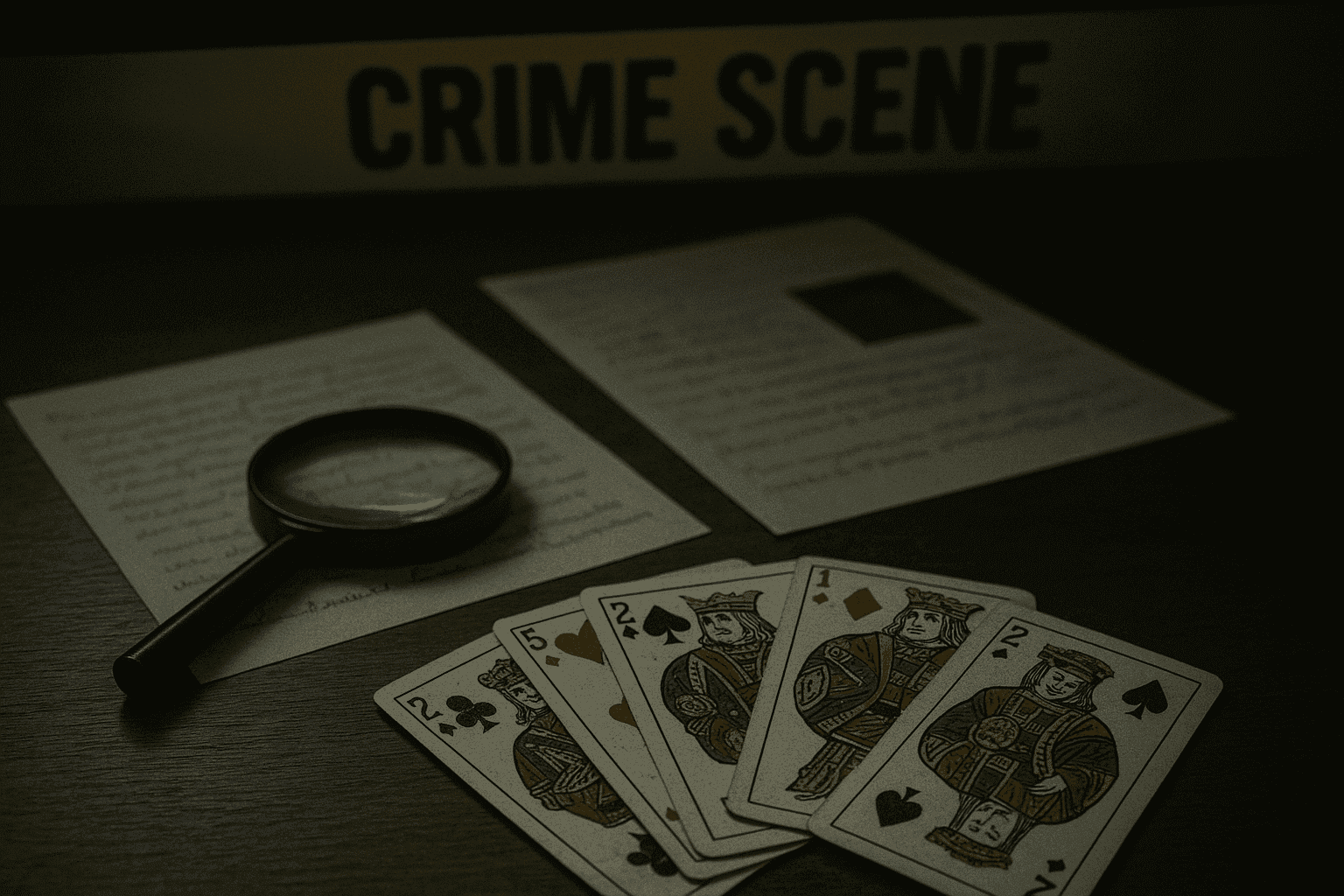 Mesa de investigación policial con baraja española, lupa y documentos bajo luz tenue, simbolizando un caso criminal en España