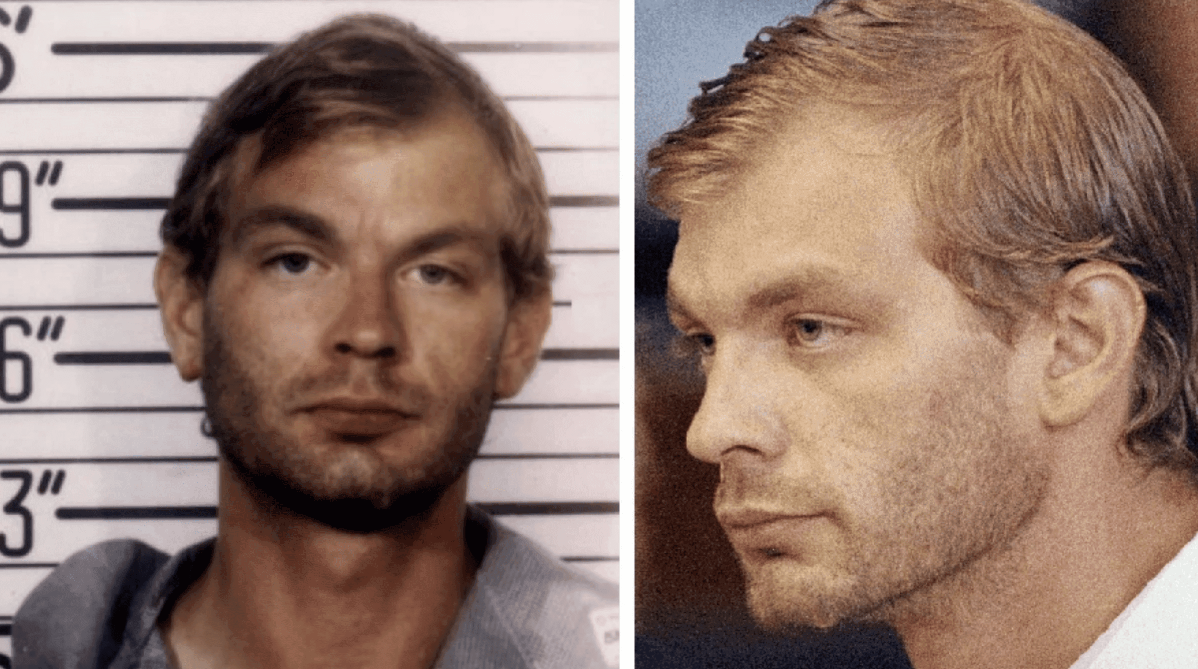 Imagen compuesta de Jeffrey Dahmer: a la izquierda tras su detención en 1991, a la derecha durante su juicio por múltiples asesinatos y crímenes sexuales.