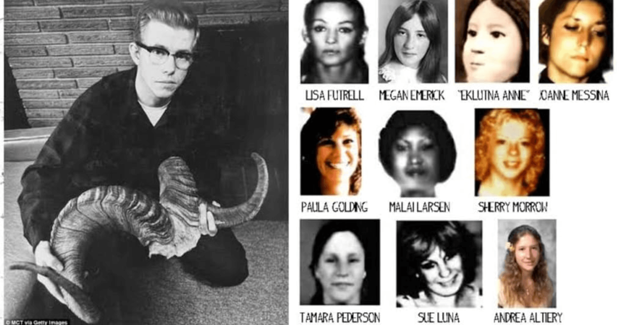 Robert Hansen posando con un animal cazado y fotos de algunas de sus víctimas