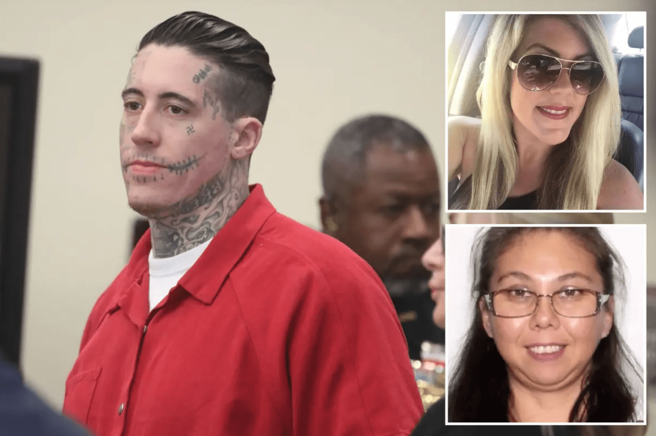 Wade Steven Wilson con uniforme naranja de preso junto a imágenes de sus dos víctimas femeninas